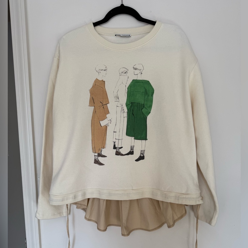 ZARA Women’s Cream Long Sleeve Layered Blouse Graphic Swearshirt - size Large - Picture 2 of 10